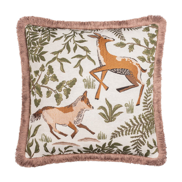 Fable Fox and Deer Woodland Cotton Cushion in Willow Green, square with woven fox and leaping deer design on cream cotton, green foliage border and dusky-pink fringe trim, on a white background.