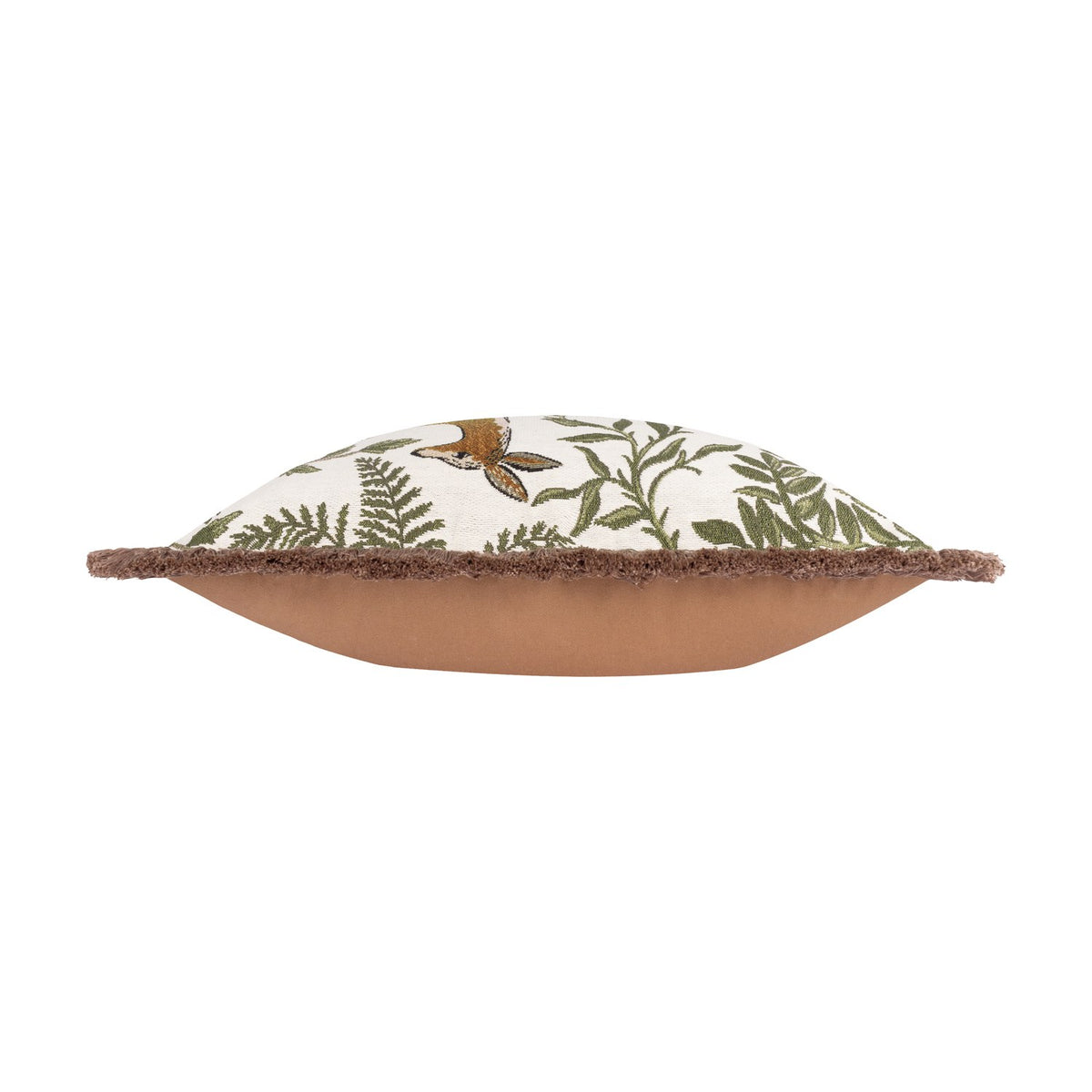 Side view of the Fable Fox and Deer Woodland cushion, showing cream cotton front with green fern embroidery, caramel-brown reverse, and fringed edge, on a white background.