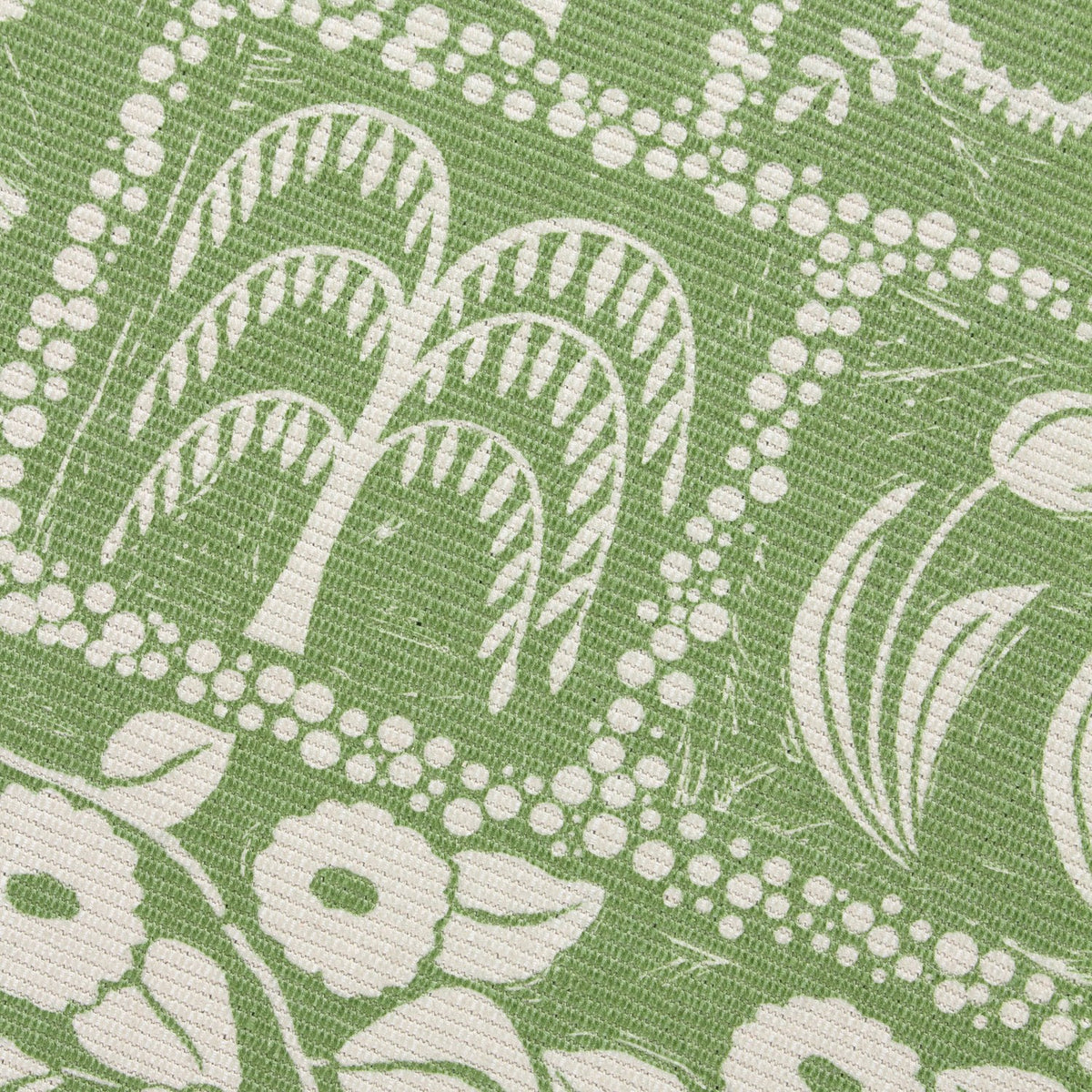 Close-up of the Forage Garden Floral Polyester Rug in sage, showing a flatweave design with cream willow trees, dotted borders and floral motifs on a green ground.