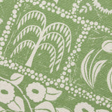 Close-up of the Forage Garden Floral Polyester Rug in sage, showing a flatweave design with cream willow trees, dotted borders and floral motifs on a green ground.