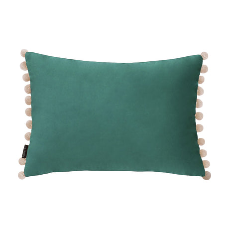 Fiesta Plain Velvet Cushion in duck egg green, rectangular bolster shape with natural sand pompoms along the edges, plain white background.