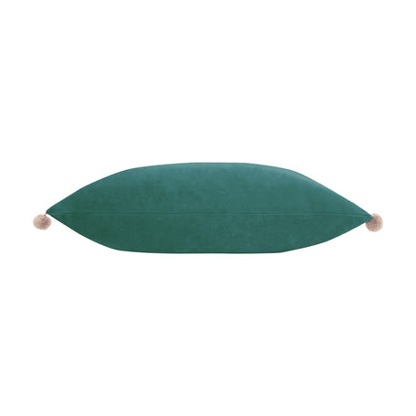 Fiesta Plain Velvet Cushion in deep green, rectangular bolster shape with natural sand pompoms at each corner, shown side-on against a plain white background.