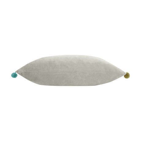 Fiesta Plain Velvet Cushion in dove-grey with teal and gold pompom corner trims, shown side-on on a plain white background.