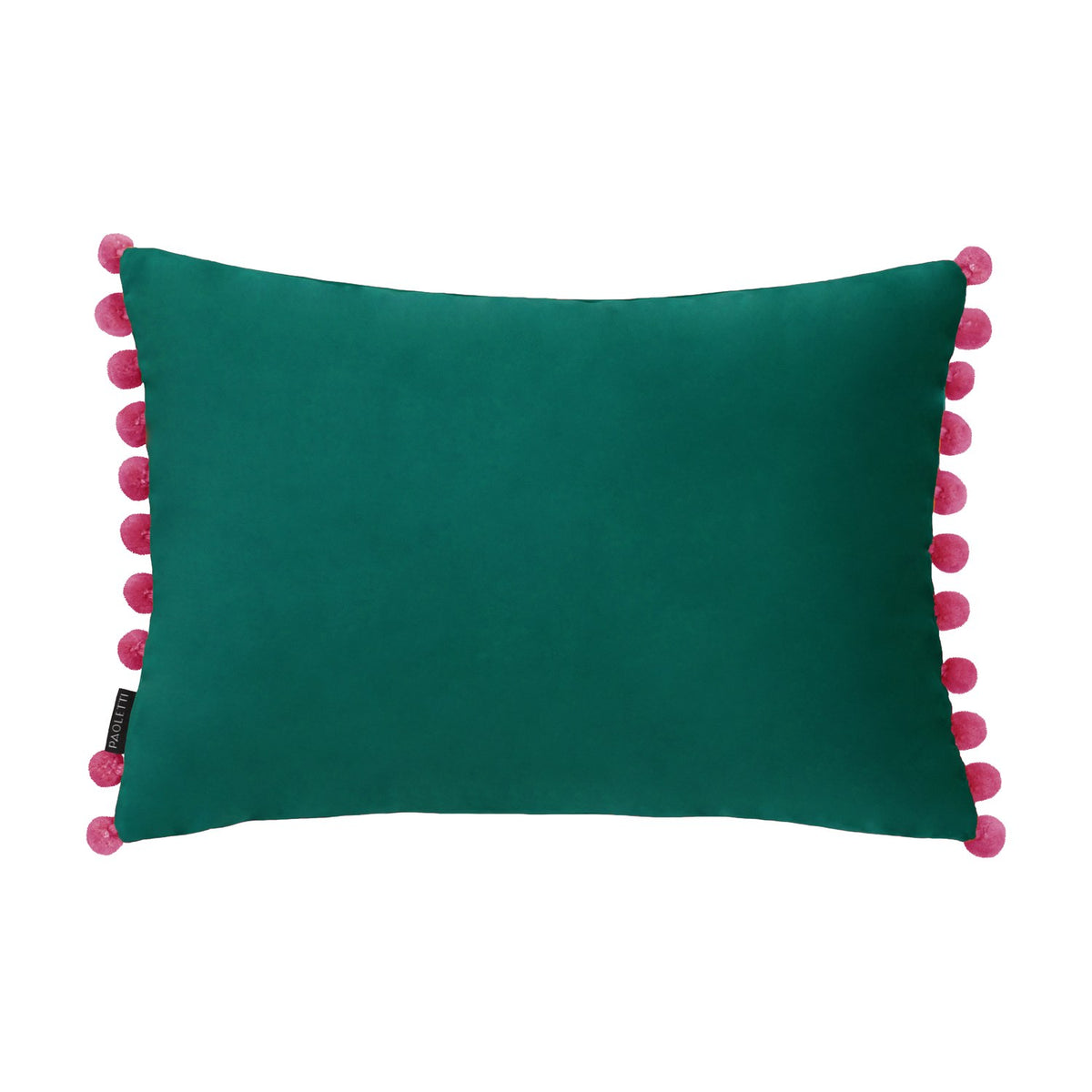 Fiesta Plain Velvet Cushion in deep teal with contrasting berry pink pompom trim, rectangular bolster shape, shown on a plain white background.