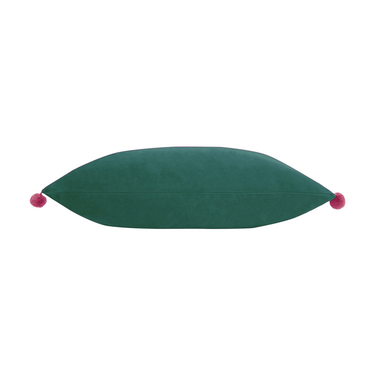 Fiesta Plain Velvet Cushion in deep teal, rectangular bolster shape with berry pink pompom trim along the edges, shown on a plain white background.