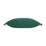Fiesta Plain Velvet Cushion in deep teal, rectangular bolster shape with berry pink pompom trim along the edges, shown on a plain white background.
