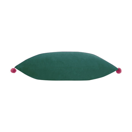 Fiesta Plain Velvet Cushion in deep teal, rectangular bolster shape with berry pink pompom trim along the edges, shown on a plain white background.