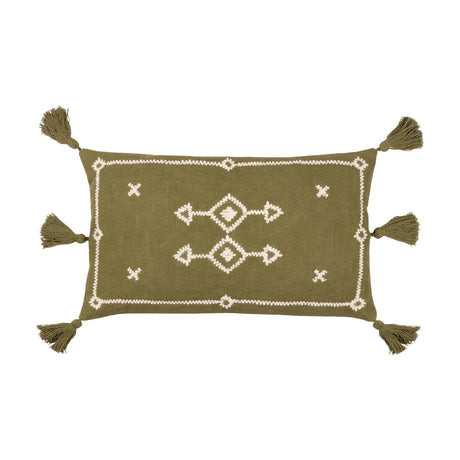 Folis Geometric Cotton Cushion in khaki with cream embroidered diamond motifs, zig-zag border and corner tassels, shown on a plain white background.