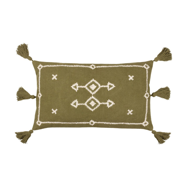 Folis Geometric Cotton Cushion in khaki with cream embroidered diamond motifs, zig-zag border and corner tassels, shown on a plain white background.
