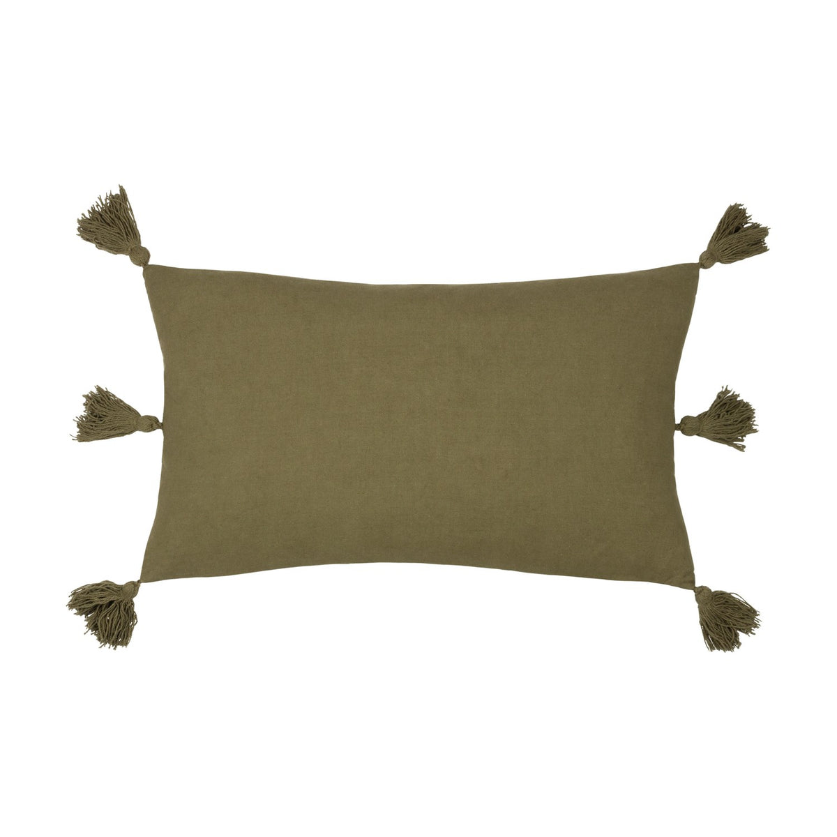 Folis Geometric Cotton Cushion in khaki, rectangular shape with plain reverse and khaki tassels at each corner and along the sides, shown on a white background.