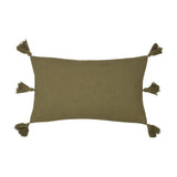 Folis Geometric Cotton Cushion in khaki, rectangular shape with plain reverse and khaki tassels at each corner and along the sides, shown on a white background.