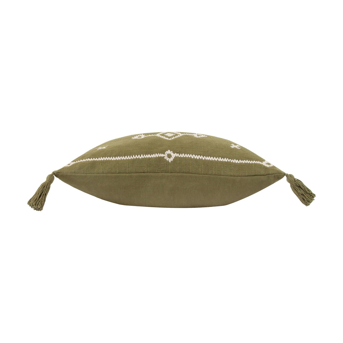 Folis Geometric Cotton Cushion in khaki, side view showing plain khaki reverse, embroidered cream geometric pattern on front, and corner tassels, on a white background.