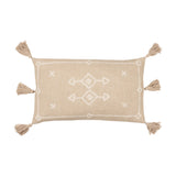 Folis Geometric Cotton Cushion in stone, a rectangular lumbar cushion with cream diamond embroidery and corner tassels, shown on a plain white background.