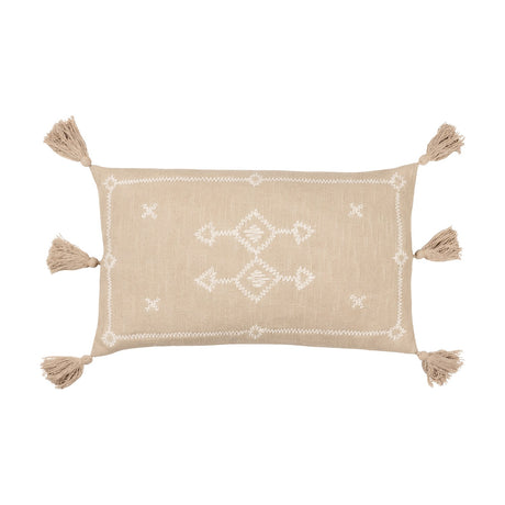 Folis Geometric Cotton Cushion in stone, a rectangular lumbar cushion with cream diamond embroidery and corner tassels, shown on a plain white background.