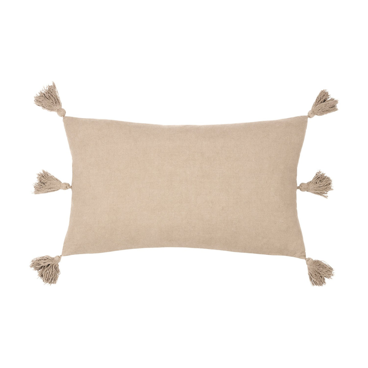 Folis Geometric Cotton Cushion in stone, a rectangular lumbar cushion with corner tassels on a plain white background, plain reverse side shown.