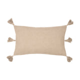 Folis Geometric Cotton Cushion in stone, a rectangular lumbar cushion with corner tassels on a plain white background, plain reverse side shown.