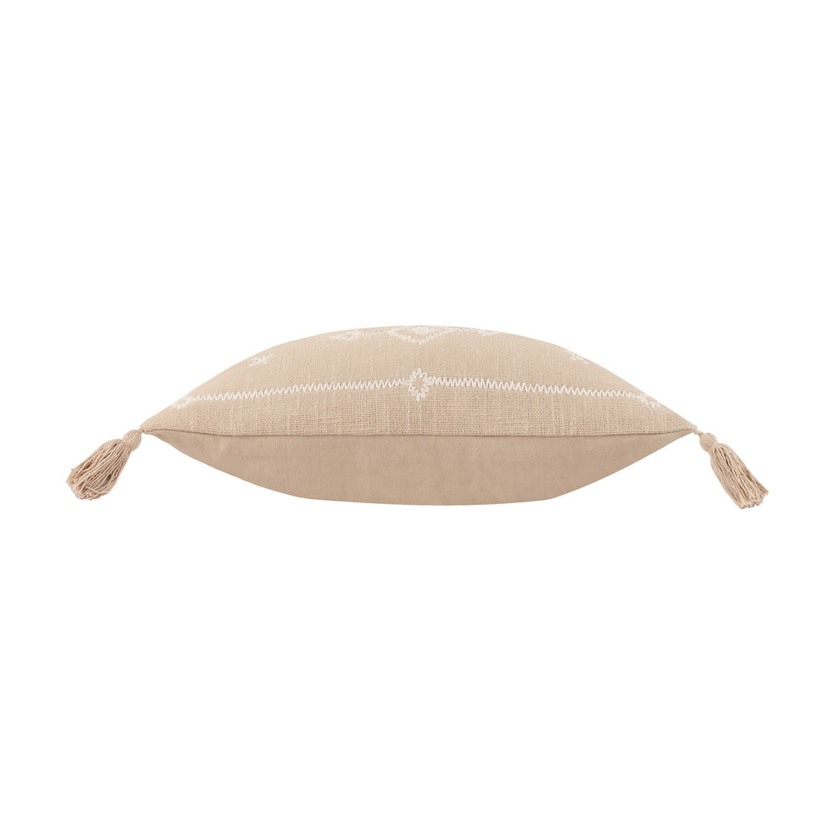 Folis Geometric Cotton Cushion in stone, rectangular lumbar shape with cream diamond embroidery, corner tassels, shown side-on on a white background.