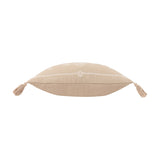Folis Geometric Cotton Cushion in stone, rectangular lumbar shape with cream diamond embroidery, corner tassels, shown side-on on a white background.