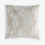 Folius Velvet Cotton Cushion in Silver, a square 43 x 43cm cushion with a foil-printed leaf herringbone pattern in pale silver on a warm neutral velvet ground, shown on a plain white background.