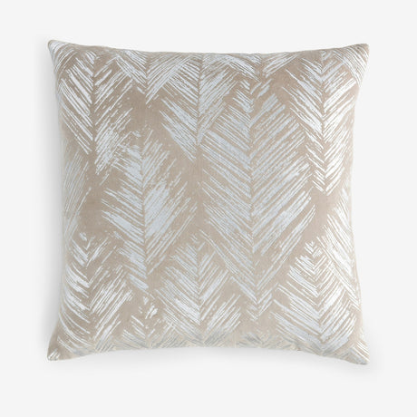 Folius Velvet Cotton Cushion in Silver, a square 43 x 43cm cushion with a foil-printed leaf herringbone pattern in pale silver on a warm neutral velvet ground, shown on a plain white background.