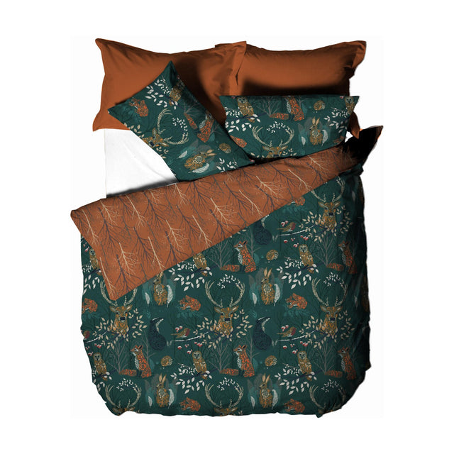 Forest Fauna Woodland Animal Duvet Cover Set in Emerald, showing a printed fox, hare, stag and owl design with a rust reverse tree pattern, folded on a white background.