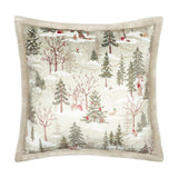 50x50cm Forest Festivities velvet cushion in natural, featuring a printed winter woodland scene of pines, trees and animals with a faux fur border.