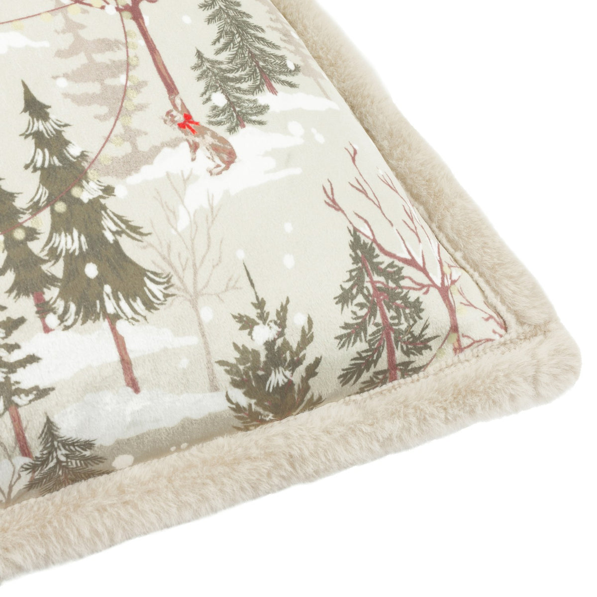 Forest Festivities Velvet Faux Fur Cushion in Natural, corner detail showing printed winter woodland scene with pines and a rabbit against soft faux fur trim.