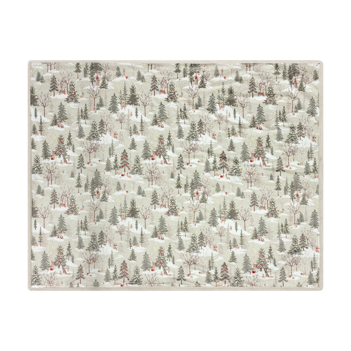Forest Festivities Velvet Faux Fur Throw in natural, printed with a winter woodland scene of pine trees, bare branches, snow drifts and small animals, shown flat on a plain white background.