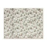 Forest Festivities Velvet Faux Fur Throw in natural, printed with a winter woodland scene of pine trees, bare branches, snow drifts and small animals, shown flat on a plain white background.