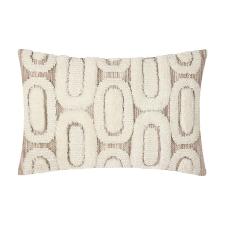 Fosse rectangular cushion in natural polyester, tufted cream oval-link pattern raised against a beige woven ground, shown on a plain white background.