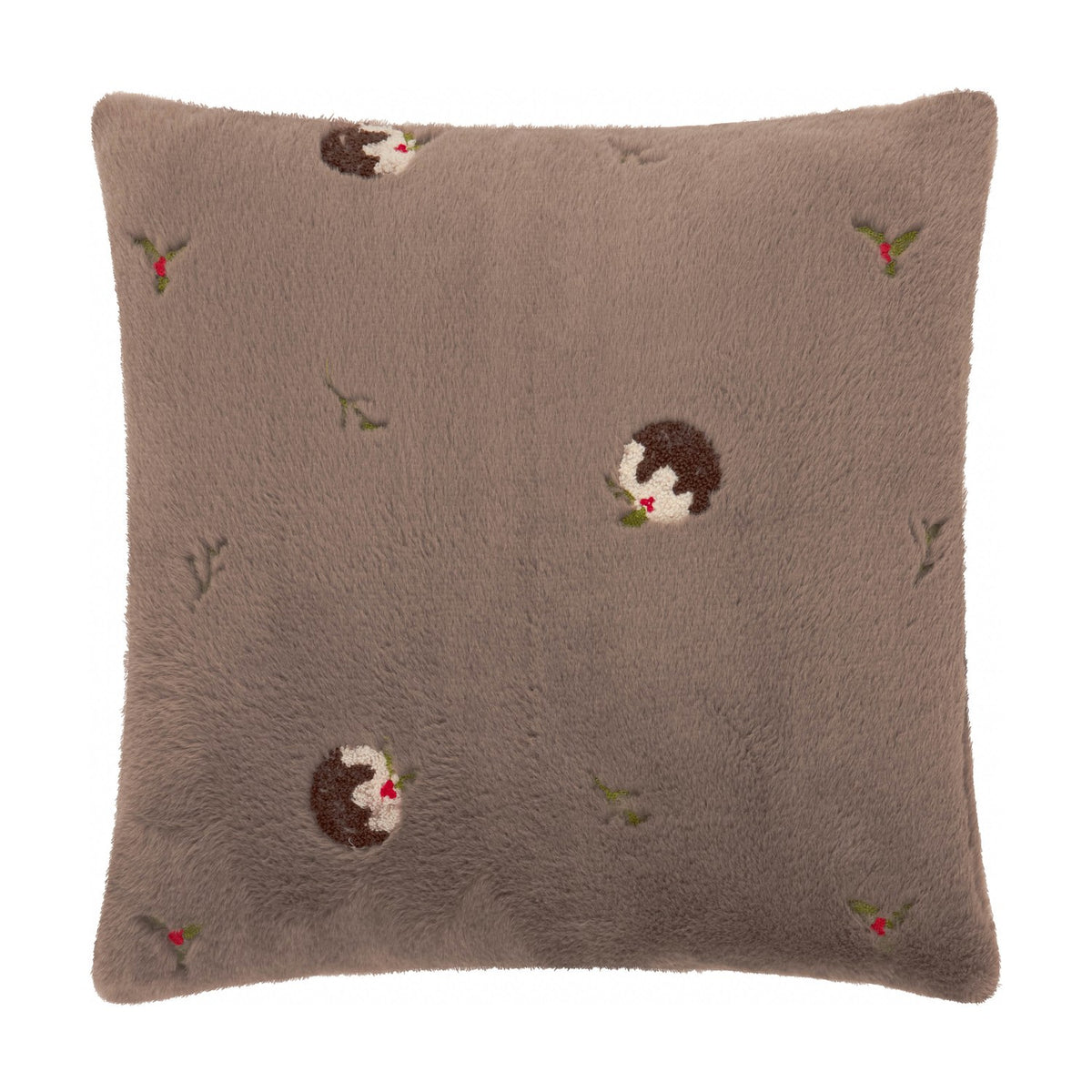 Square faux fur cushion in mocha brown, embroidered with Christmas pudding motifs and holly sprigs, shown on a plain white background.
