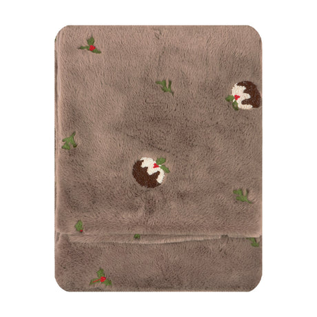 Folded mocha brown faux fur throw with embroidered Christmas pudding motifs and holly leaves, shown against a plain white background.