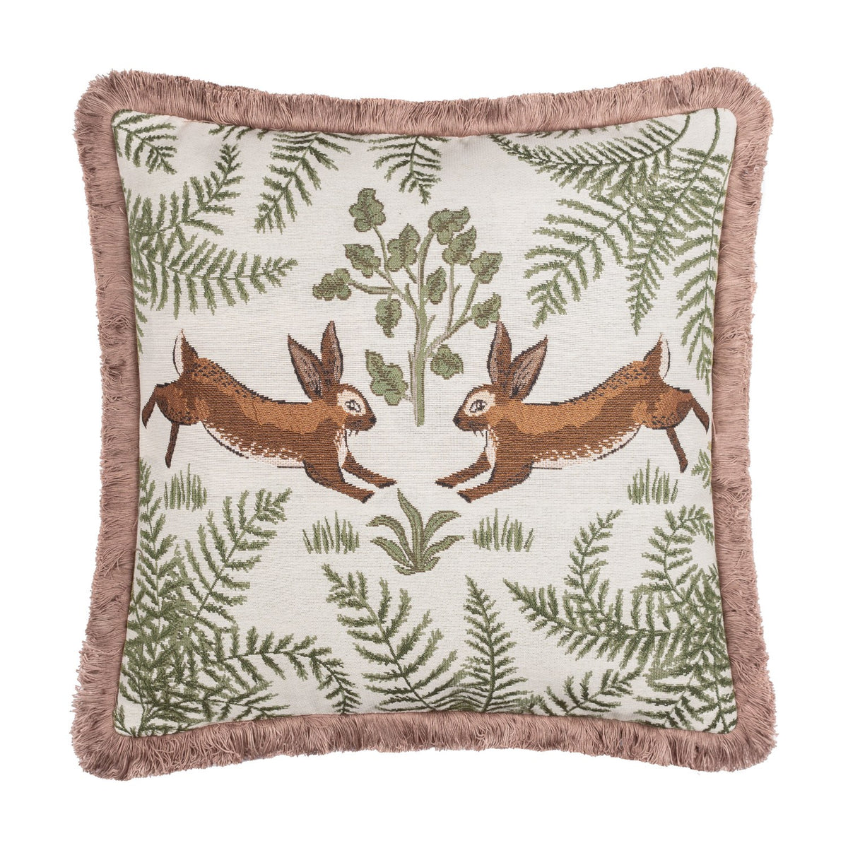 Fable Rabbits Woodland cotton cushion in willow green, square with pink fringe trim, featuring two mirrored leaping rabbits amid ferns and foliage on a cream ground, shown on a plain white background.