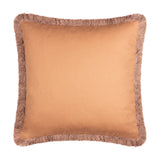 Square cushion with plain caramel-toned cotton reverse panel and matching fringe trim around the edges, shown on a white background.