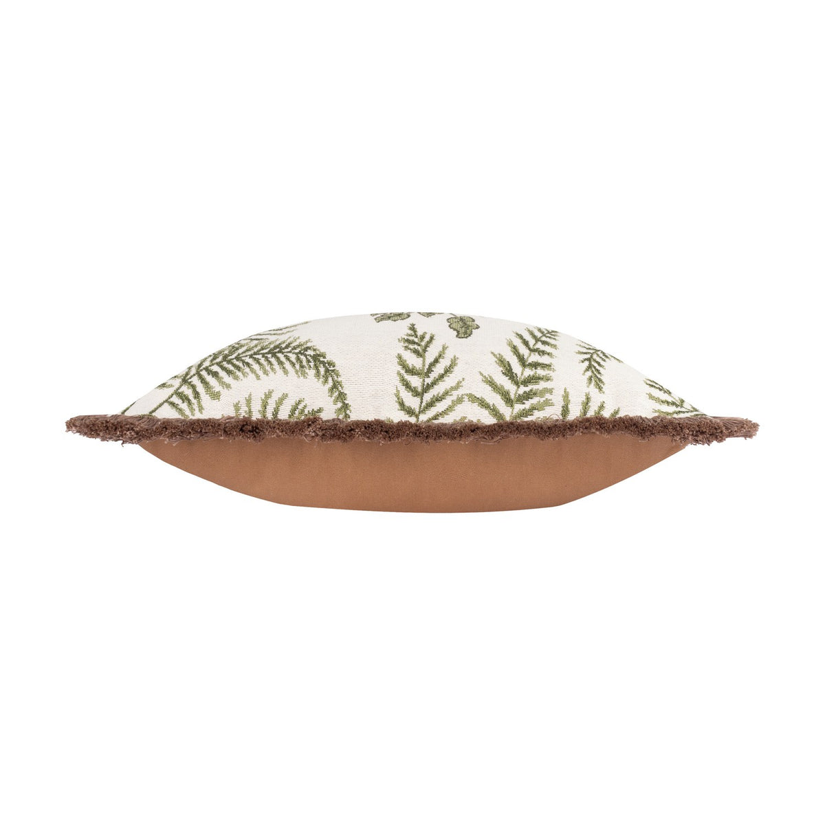 Side view of the Fable Rabbits Woodland Cotton Cushion in Willow Green, showing cream fabric with green fern embroidery, brown fringe trim, and a caramel reverse panel, on a white background.