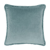 Freya Plain Velvet Cushion in Duck Egg, a square velvet cushion in muted blue-grey with fringed edging on all sides, shown on a plain white background.