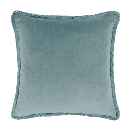 Freya Plain Velvet Cushion in Duck Egg, a square velvet cushion in muted blue-grey with fringed edging on all sides, shown on a plain white background.