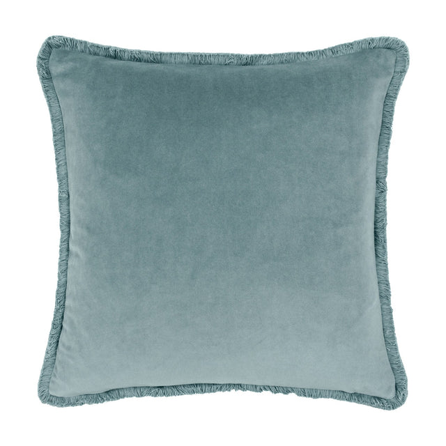 Freya Plain Velvet Cushion in Duck Egg, a square velvet cushion in muted blue-grey with fringed edging on all sides, shown on a plain white background.