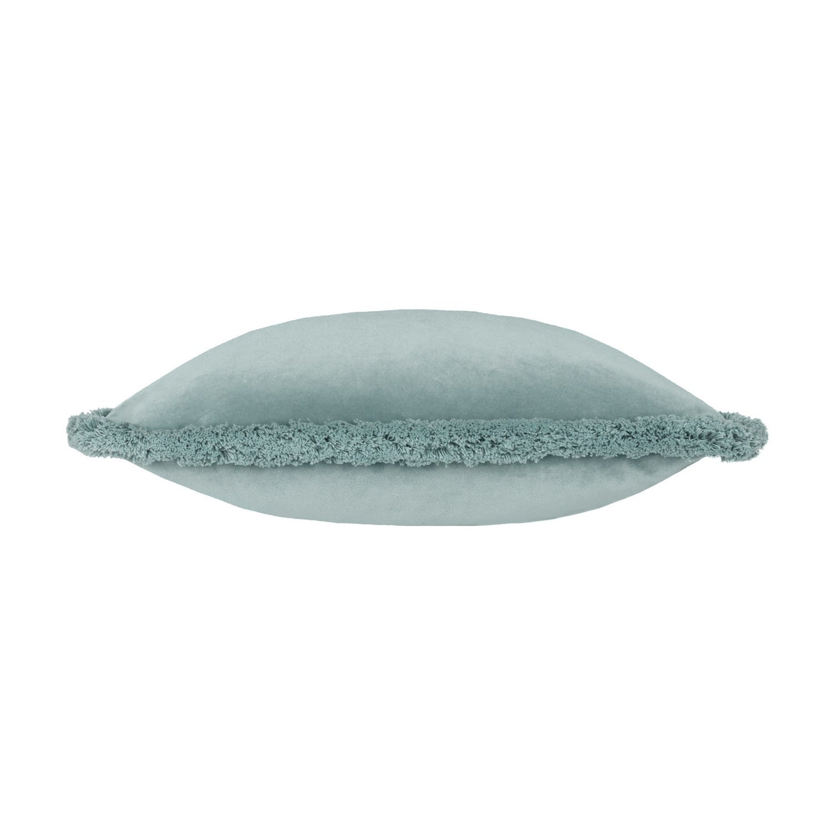 Freya Plain Velvet Cushion in Duck Egg, shown edge-on to reveal its square shape, soft blue-grey velvet face, and fringed trim along the seam, set against a plain white background.