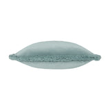 Freya Plain Velvet Cushion in Duck Egg, shown edge-on to reveal its square shape, soft blue-grey velvet face, and fringed trim along the seam, set against a plain white background.