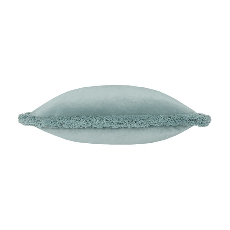 Freya Plain Velvet Cushion in Duck Egg, shown edge-on to reveal its square shape, soft blue-grey velvet face, and fringed trim along the seam, set against a plain white background.