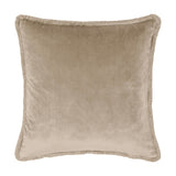 Freya Plain Velvet Cushion in taupe, a square 45 x 45cm design with smooth velvet face and tonal fringed edge trim, shown on a plain white background.