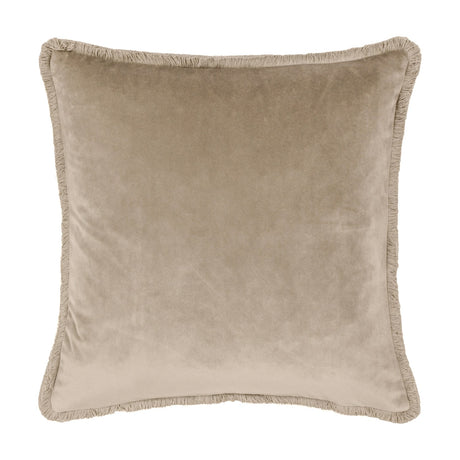 Freya Plain Velvet Cushion in taupe, a square 45 x 45cm design with smooth velvet face and tonal fringed edge trim, shown on a plain white background.