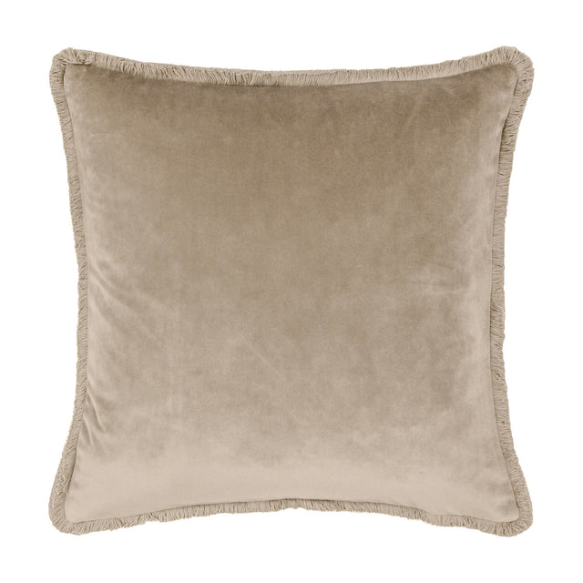 Freya Plain Velvet Cushion in taupe, a square 45 x 45cm design with smooth velvet face and tonal fringed edge trim, shown on a plain white background.