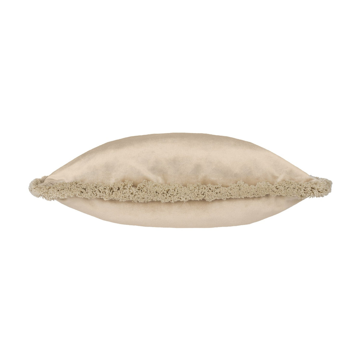 Freya Plain Velvet Cushion in taupe, shown edge-on with fringed border trim, densely piled velvet fabric, square shape, on a plain white background.
