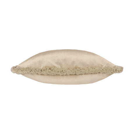 Freya Plain Velvet Cushion in taupe, shown edge-on with fringed border trim, densely piled velvet fabric, square shape, on a plain white background.