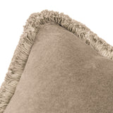 Close-up of the Freya Plain Velvet Cushion in taupe, showing smooth velvet fabric edged with a matching tonal fringe, on a plain white background.