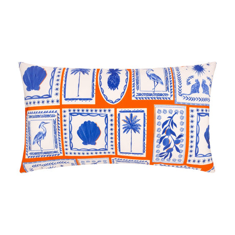 Frieze Abstract Polyester Cushion, a cream and coral rectangular bolster with cobalt blue prints of shells, palms, a pineapple, a heron and seated cats, on a white background.