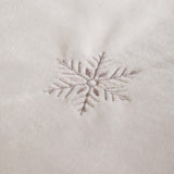 Close-up of the Frosted Snowflake Polyester Embroidered Duvet Cover Set in white, showing a silver-grey embroidered snowflake on soft brushed flannel fleece fabric.
