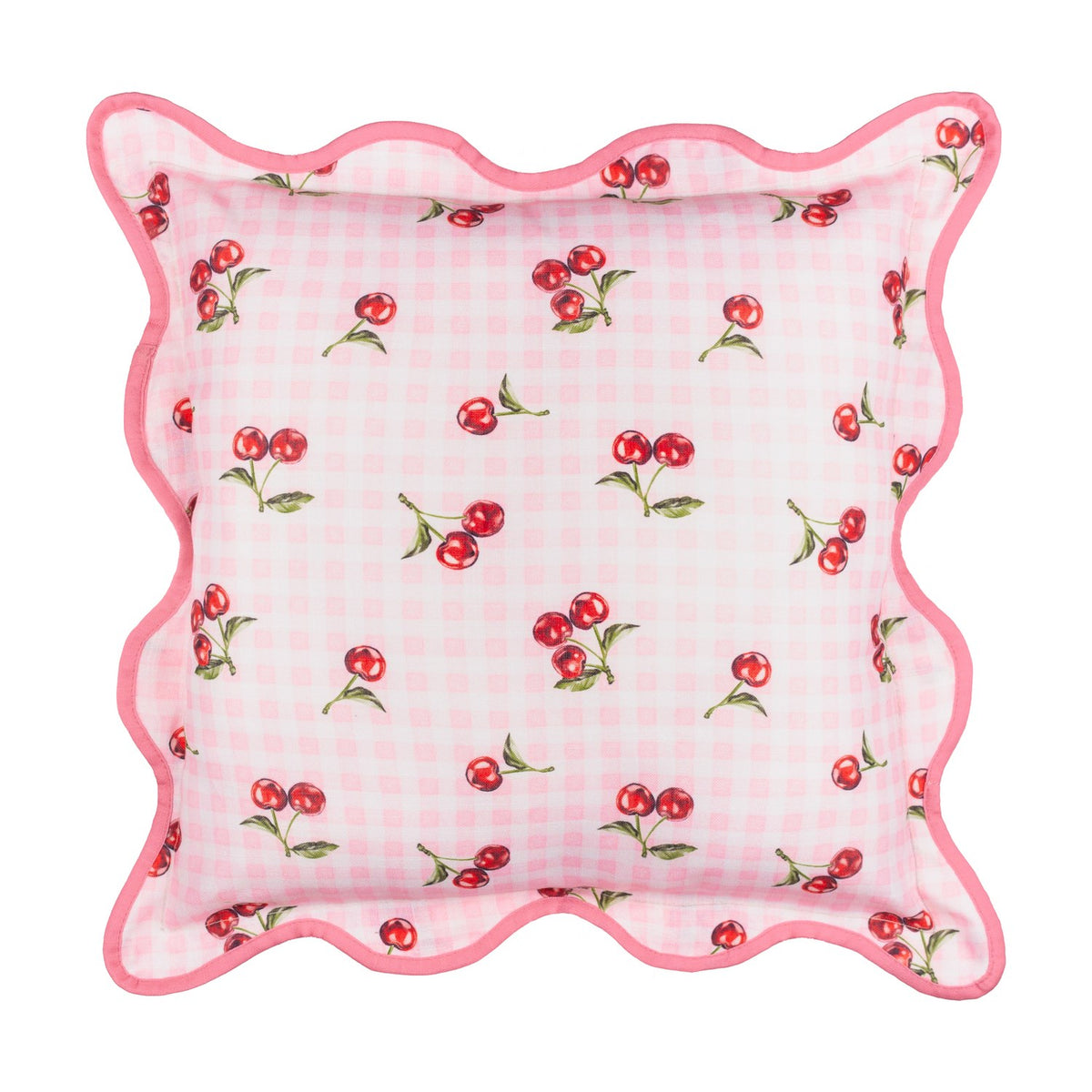 Square polyester cushion in pink gingham check with red cherry print, finished with a scalloped edge and deeper pink piped trim, shown on a white background.